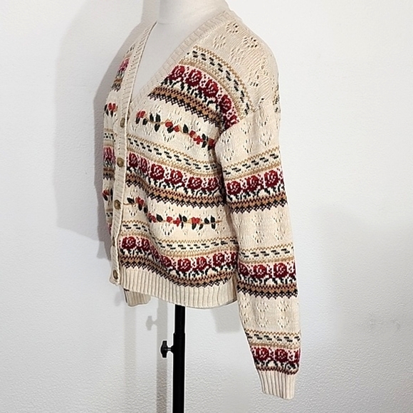 American Vintage Cardigan Cotton Blend Grannycore Floral by BUGC Cream Size L - Picture 12 of 14